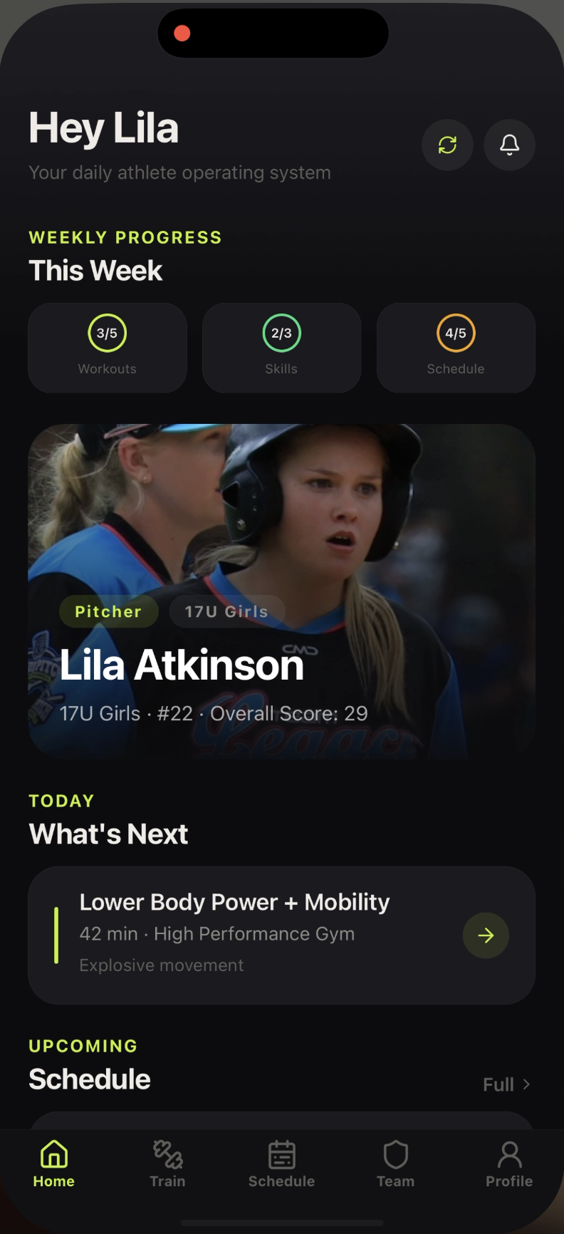 CLUBHUB daily athlete dashboard showing weekly progress and today's session
